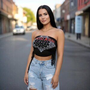 Fashion Nova ✦ Chi Town Bandeau Top ✦ Bandana Print Chicago Graphic Ruched L NWT